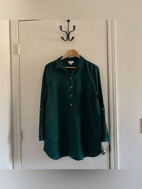 J. Jill Large Green Linen Tunic Top Roll Tab Sleeve Pullover